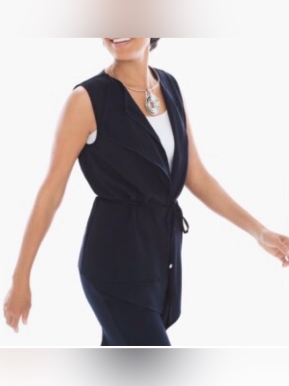 NWT Chico’s Size 1 (8/10) Blackened Navy Wrap Vest with Tie and Silver Detail